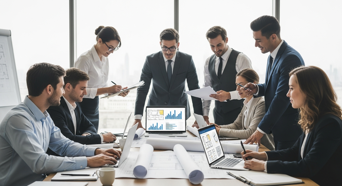 Construction management team in a modern meeting room reviewing plans