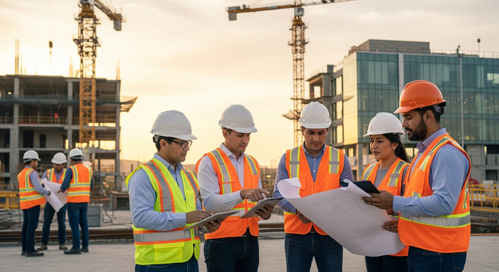 Construction team working on a modern commercial building site