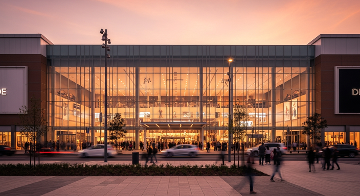 Modern commercial building front view at sunset