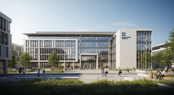 Modern institutional building with glass facade and people walking