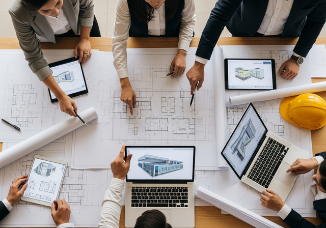 Team of engineers collaborating around construction plans